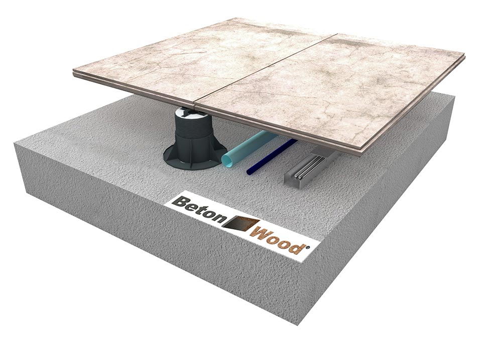 Elevated floor system with cement bonded particle board BetonWood