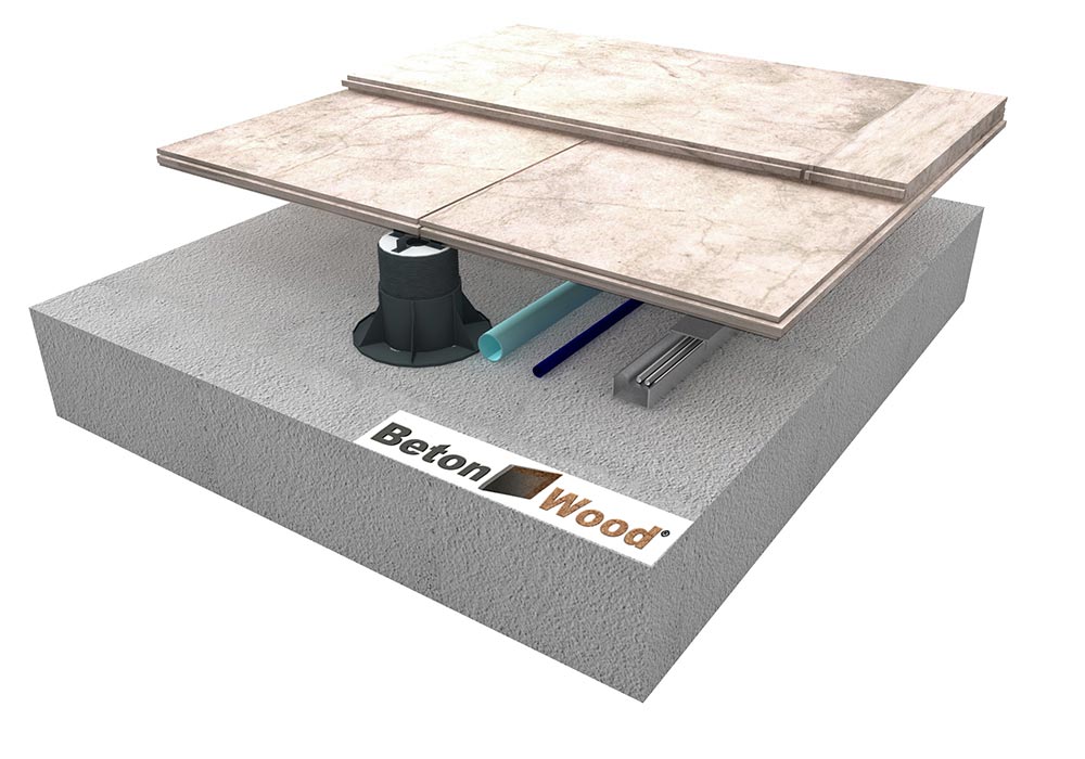 Elevated floor system with double cement bonded particle board BetonWood