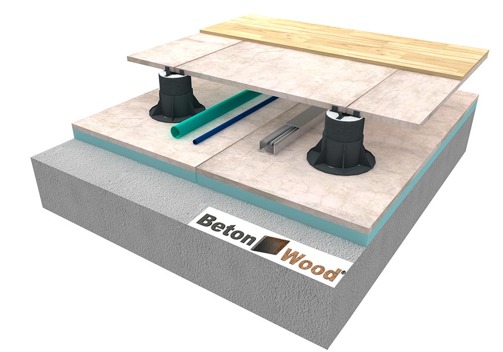 Elevated floor with cement bonded particle board and Betonstyr