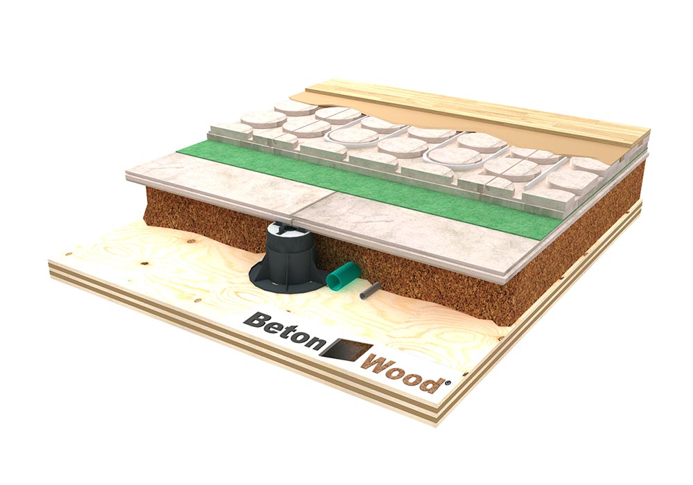 Elevated radiant heating floor on cork granules