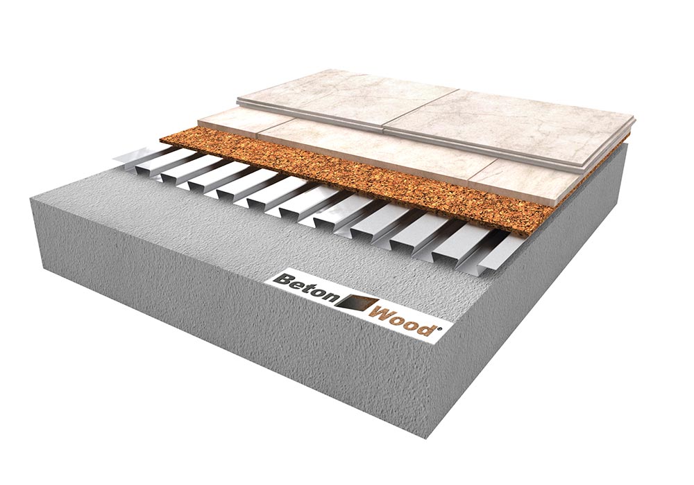 Attic floor with double cement bonded particle boards, cork panels 10mm on metal sheet