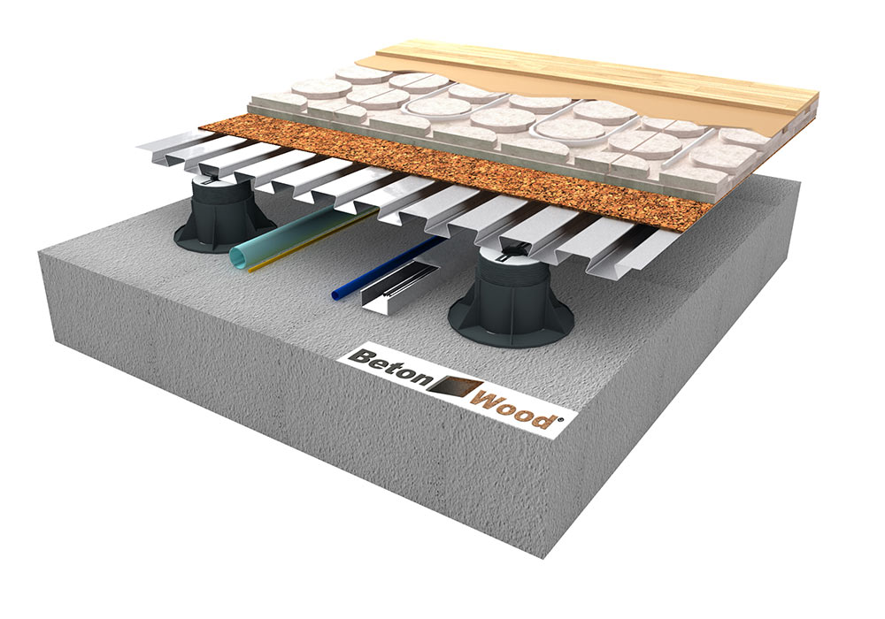 Elevated radiant heating floor system with cork on metal sheet