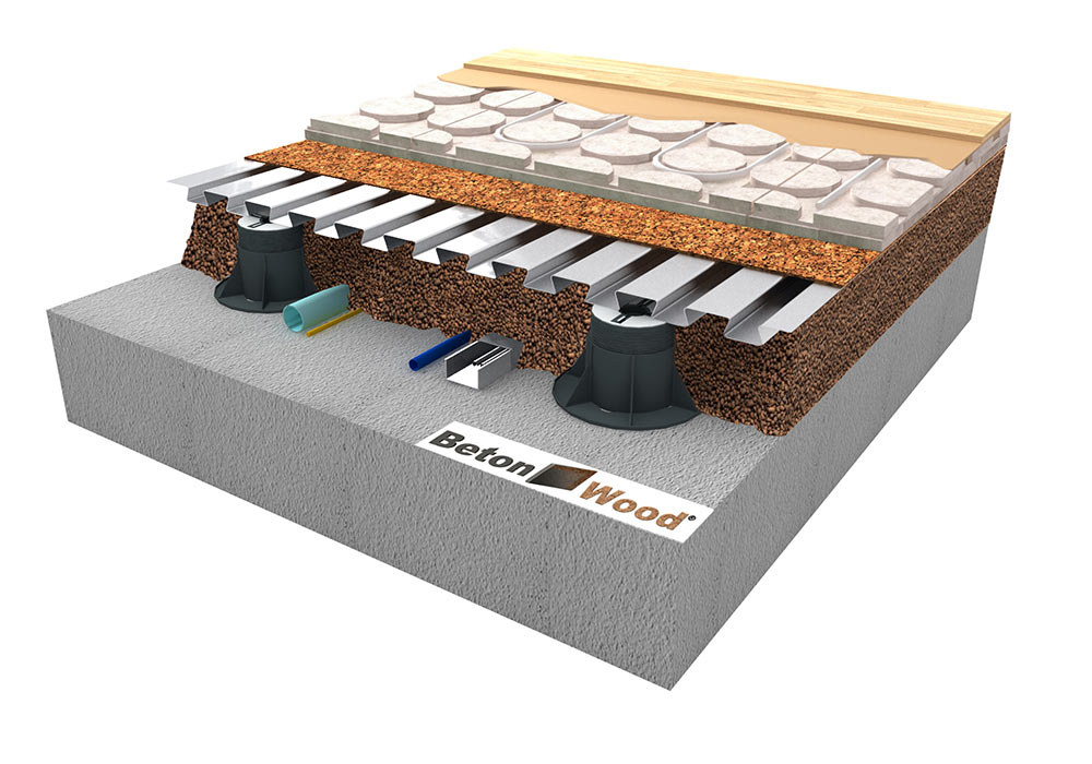 Elevated radiant floor system with cork panels on metal sheet and expanded clay