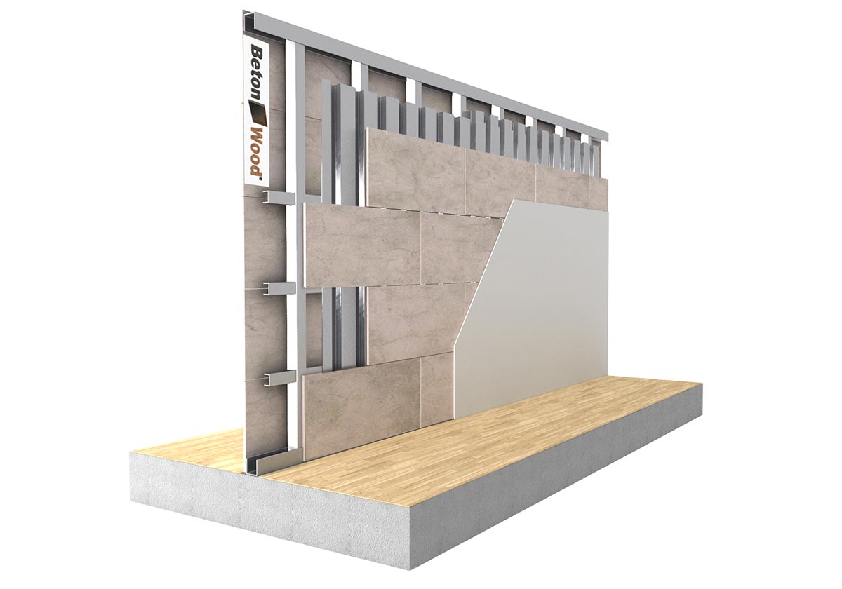 Partition wall cement bonded particle board and metal sheet on frame