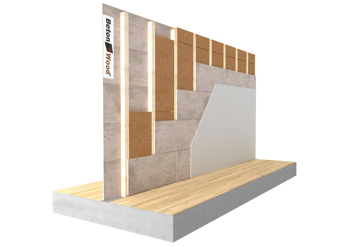Partition wall with cement bonded particle board and wood fiber Therm