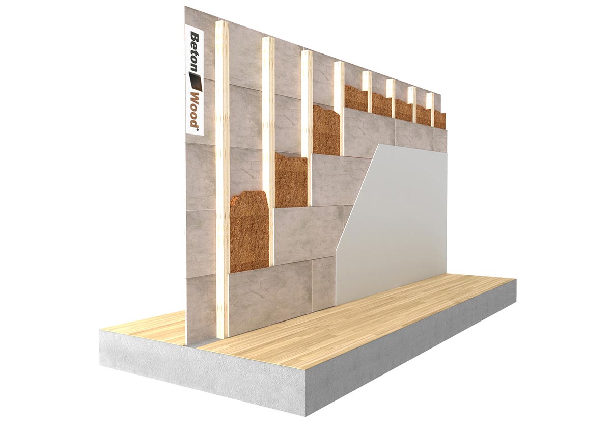 Partition wall with cement bonded particle board and wood fiber Zell